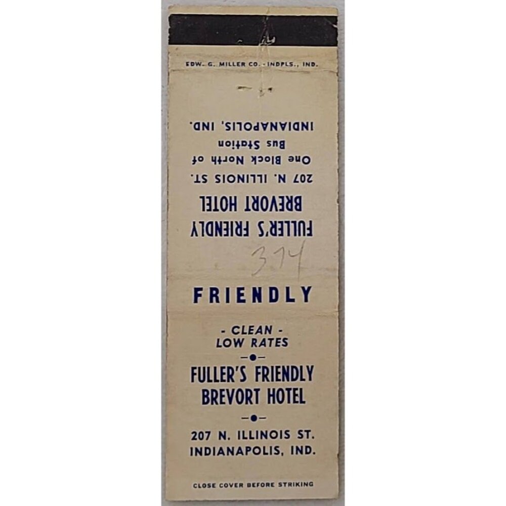 Vintage Matchbook Cover Fuller’s Friendly Brevort Hotel Indianapolis IN Indiana